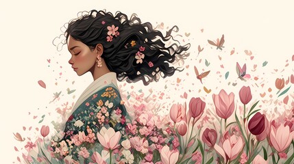 Fototapeta premium girl with flowing hair and blossoms, standing in a flower field