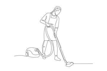 Woman using vacuum cleaner cleaning house. Doing house chores concept one-line drawing