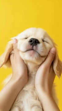 Cute chubby Dog , hands holding its fat cheek