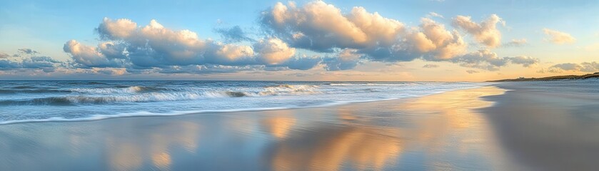 Breeze stirring light waves on a quiet beach, soft clouds drifting in the sky, the warmth of the sun mixing with the cool ocean air, a relaxing weather moment