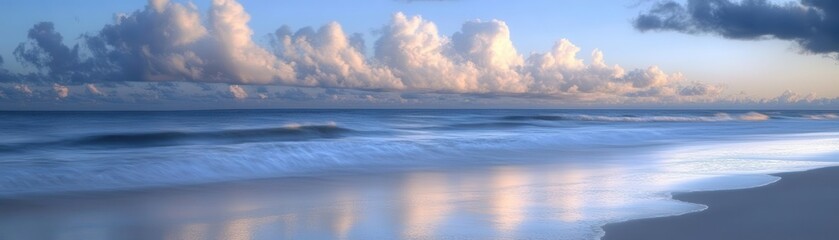 Fototapeta premium Breeze stirring light waves on a quiet beach, soft clouds drifting in the sky, the warmth of the sun mixing with the cool ocean air, a relaxing weather moment