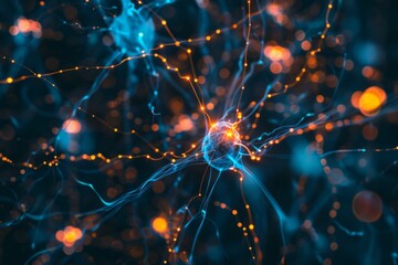 A luminous burst of electric blue and orange connecting nodes portraying a dynamic representation of a neural network, glowing against a dark background.