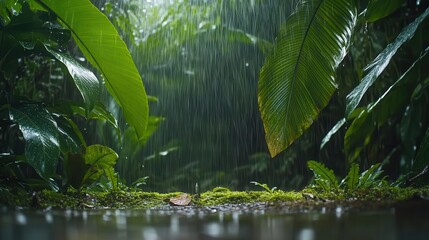 Downpour in a dense forest, the ground covered in wet moss, raindrops splashing on wide tropical leaves, an intense yet refreshing nature scene