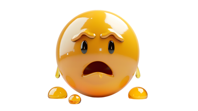 A 3D realistic crying emoji with streaming tears and a downturned mouth, isolated on white background