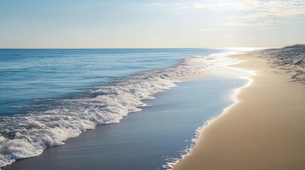 Obraz premium Gentle ocean breeze sweeping across a calm beach, soft waves lapping at the shore, sunlight reflecting off the water, peaceful and serene coastal scene