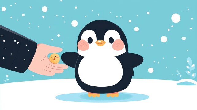 A cheerful baby penguin plays with a toy, bringing joy to a snowy winter day in this delightful animation.