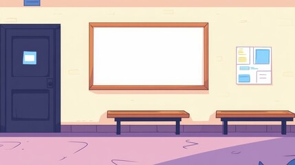 A cozy, modern school classroom featuring dark doors, benches, and textured walls with two lesson plans displayed.