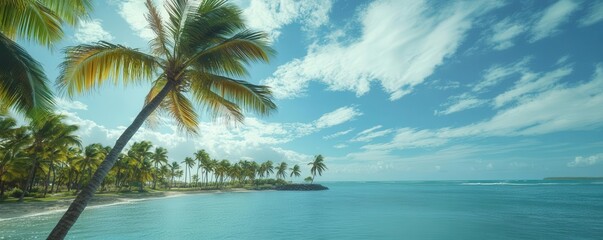 Gentle wind caressing a tropical bay, palm trees swaying softly, the water calm and inviting, capturing the peacefulness of an ocean breeze