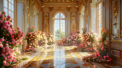 Fototapeta premium Luxury Palace Interior decorated with pink roses. Palace Interior background 