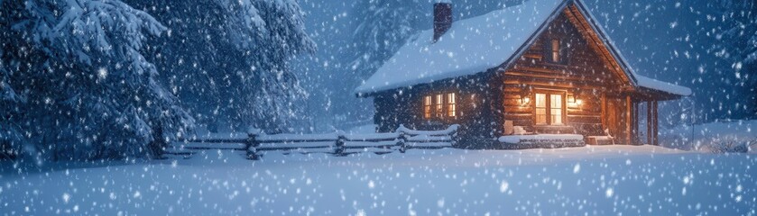Heavy snow falling around a quaint wooden cabin, soft light inside creating a cozy atmosphere, deep winter calm despite the storm outside, weather contrast