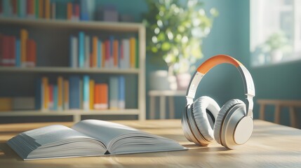 3D rendered concept of an audio book with headphones, the cover displaying a virtual classroom, clean and minimalistic design, warm natural light, subtle digital accents, educational and engaging