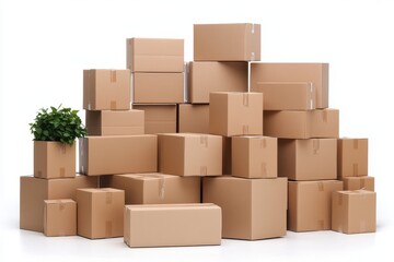 Obraz premium A collection of stacked cardboard boxes with a small plant, illustrating storage solutions and organization in an office or home.