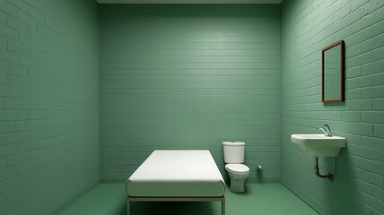 Empty prison cell with a single bed, toilet, and sink, Minimalist prison cell, austere conditions