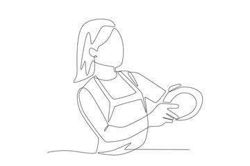 Woman washing dishes. Doing house chores concept one-line drawing