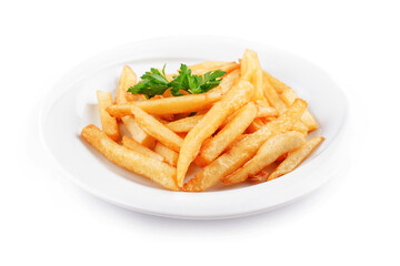 White plate is holding french fries and a parsley garnish