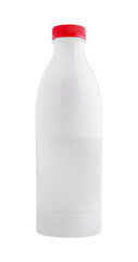 White plastic bottle with red cap standing on white background