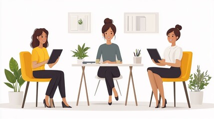 Casual Business Meeting Scene: Three Women Collaborating in a Bright Office Setting