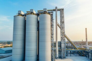 Obraz premium Factory overview with massive silos, conveyor belts, and chimneys, Cement production facility, large-scale industry