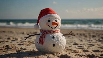 Smiling snowman with santa hat on the beach Summer and winter vacation.