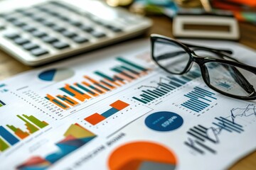 Fototapeta premium Business charts and data analysis tools on a table.