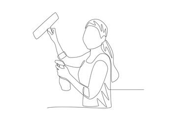Woman wiping home windows. Doing house chores concept one-line drawing