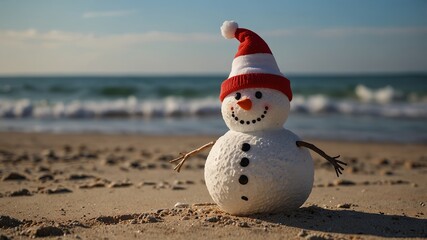 Smiling snowman with santa hat on the beach Summer and winter vacation.