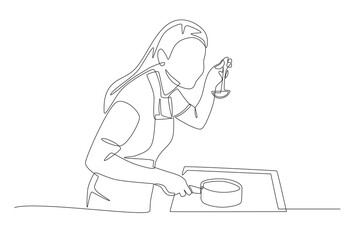Woman tasting food. Doing house chores concept one-line drawing
