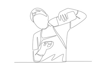 Woman pouring soap onto sponge to clean home glass. Doing house chores concept one-line drawing