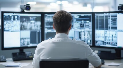 Guard sitting behind bulletproof glass, monitoring security cameras, Prison control room, surveillance