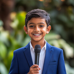 Indian Boy practicing public speaking with a microphone