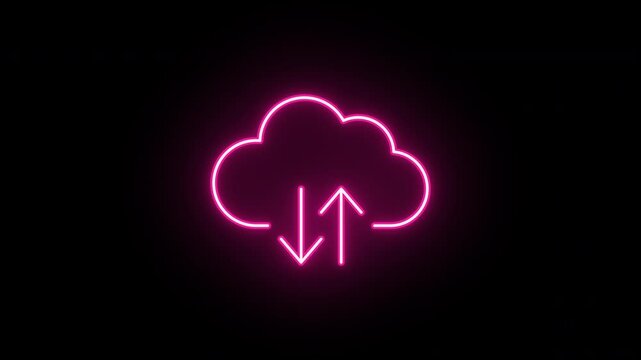 Neon cloud icon animation, flickering emergence and fading. Glowing neon cloud storage with arrows, looped animation. Cloud space and technology, data backup, file repository. Red, pink, magenta