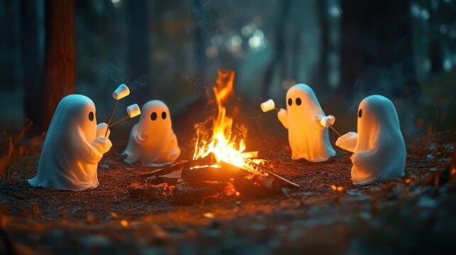 Friendly ghosts enjoying roasted marshmallows by campfire.