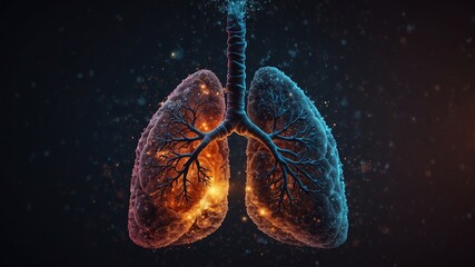 Abstract human lungs with glowing particles.