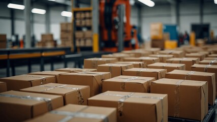 Fototapeta premium packages being sorted by advanced driven machinery, the labels clearly visible and the machinery operating in a smooth, efficient manner.