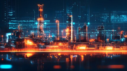 Fototapeta premium oil and gas power plant refinery with storage tanks facility for oil production or petrochemical factory infrastructure and demand price chart concepts as wide banner hologram hud datum data