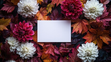 Obraz premium A beautiful arrangement of colorful flowers and autumn leaves, featuring a blank card for personalized messages or notes.