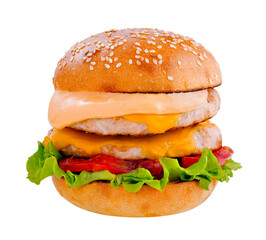 Double burger with lettuce, tomato, cheese and sauce on white background