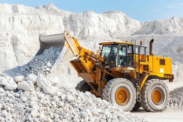 Obraz premium Heavy machinery loading cement materials at a quarry, Cement industry logistics, raw material handling