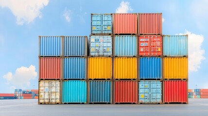 Fototapeta premium International cargo labels and markings on shipping containers stacked at a port, Global shipping, international trade