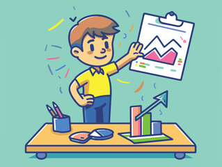 A vectorial icon representing a young teacher giving a course about statistics and creating charts in the R-programming language. Simple hand-drawn. Less details. Kawai flat style.
