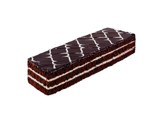 Chocolate cake with white chocolate decoration isolated on white background