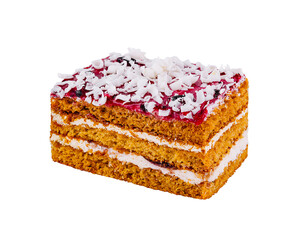 Delicious cake with white chocolate topping isolated on white background