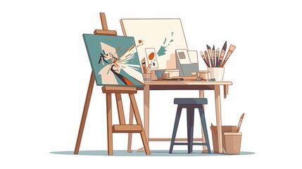 Flat vector art workshop, canvas, brushes, playful minimalist design.
