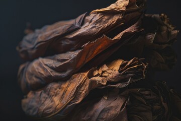 Close-up of dried tobacco leaves stacked together, showcasing their texture and color, symbolizing traditional craftsmanship and the tobacco industry.