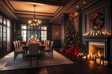 Fototapeta premium A dining room with a table and chairs, decorated for Christmas. Christmas decorations adorn the walls, and a Christmas tree stands in the corner of the room
