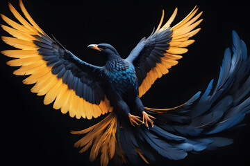 Blue and Gold Bird with Spread Wings on Black Background