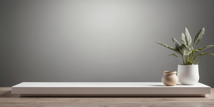 universanl minimanlistic banckground for product presentantion white empty shelf on an light grany wanll.