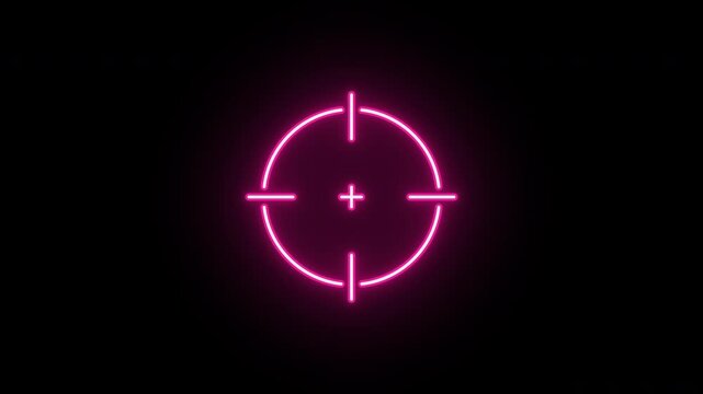 Neon aim cross animation, flickering emergence and fading. Glowing neon target icon, looped animation. Crosshair, gun aim, sniper target, bullseye, hunting, target audience. Red, pink, magenta