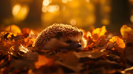 Fototapeta premium A small hedgehog curled up in a ball, resting peacefully on a soft bed of autumn leaves, warm light filtering through the trees