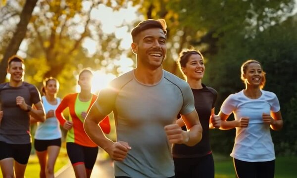 Group of friends jogging in the park during sunset